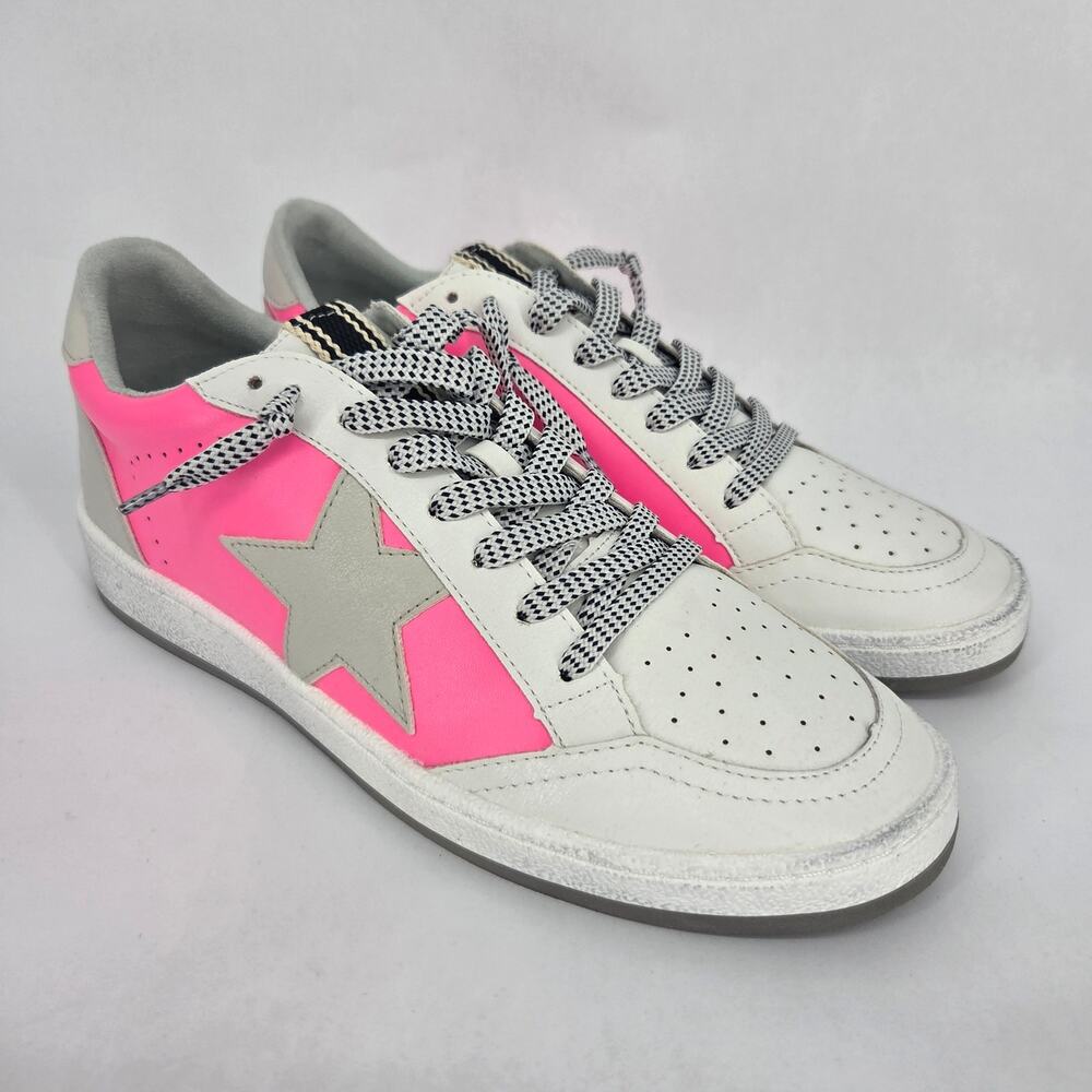 NEW Shu Shop Paz White Neon Pink Star Lace Up Sneaker Boutique Size 9